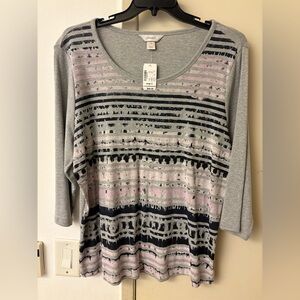 CJ Banks Graphic Rhinestones 3/4 Sleeve Scoop Neck Top 1X New With Tags